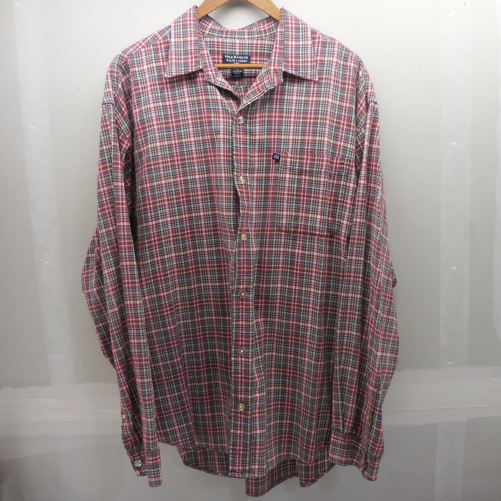 Polo Jeans Co Ralph Lauren Mens XL Red Plaid Flannel Button Down Shirt LS